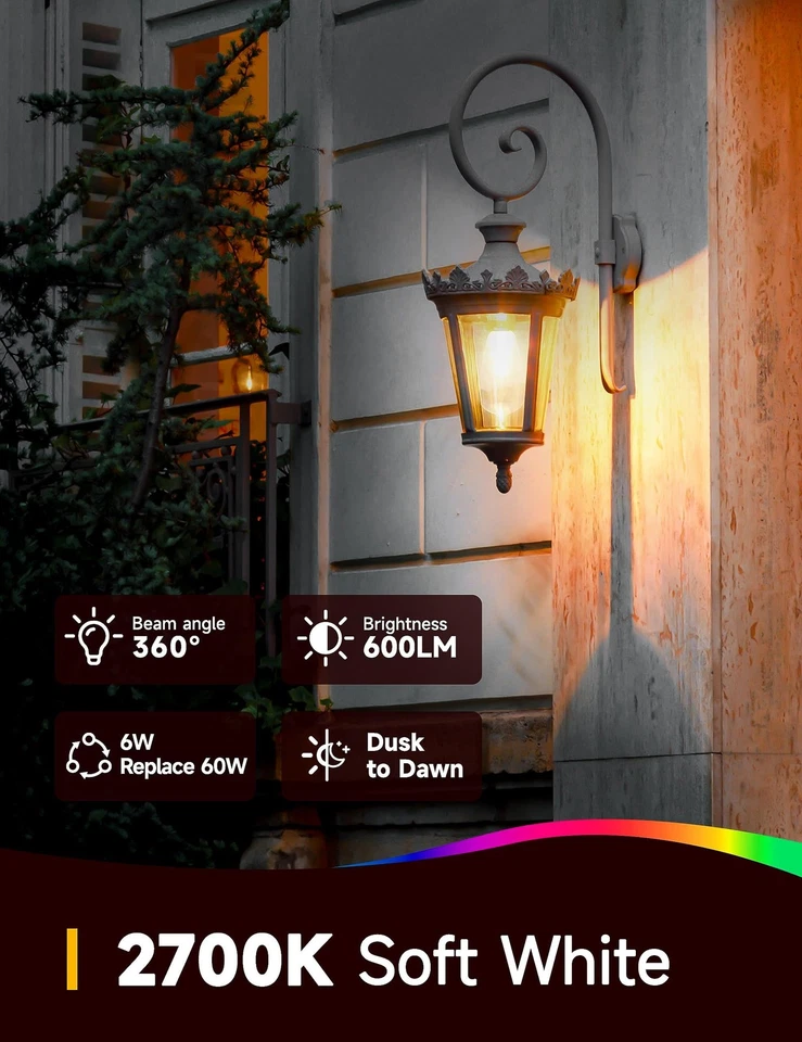 Dusk to Dawn Light Bulbs, Outdoor Light Bulbs, ST64 6W Equivalent 60W, 2700K ... - Image 3 of 4