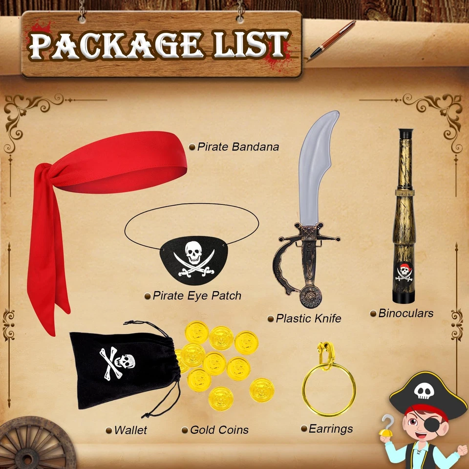 7 PIEZAS Accesorios de Disfraz de Pirata, Conjunto de Traje de Capitán Pirata para Niños Halloween... Foto 3 de 4