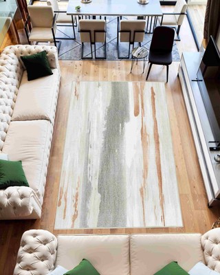 Machine Washable Abstract Living Room Rug 5x7 with Anti-Slip 7707 Color Cream