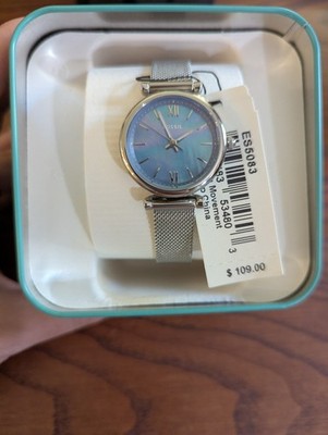 Fossil Es5083 Carlie Silver Mesh Strap Watch with Mother Of Pearl Blue Dial