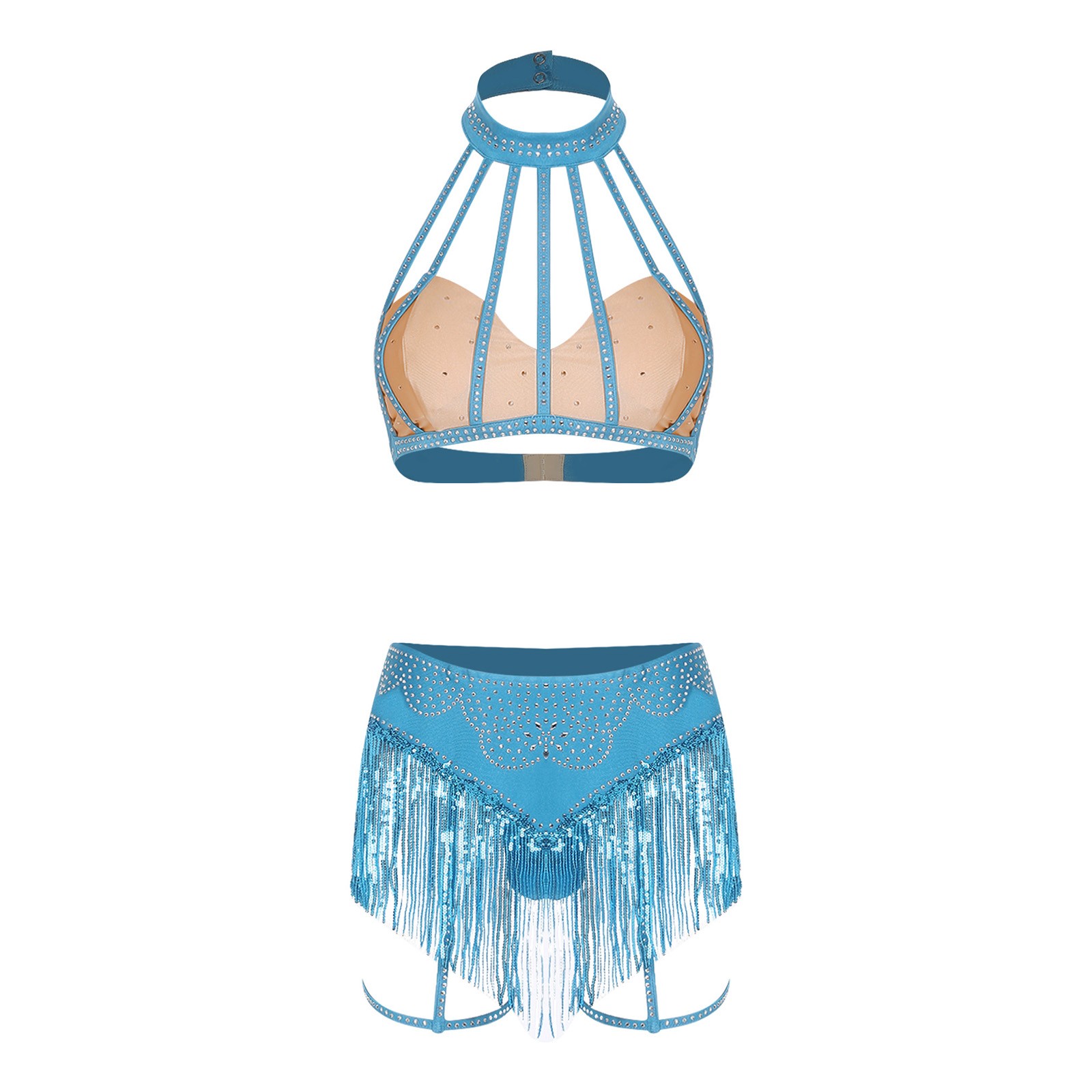 Women's Belly Dance Glittery Crop Top and Sequin Tassel Briefs For Stage Party