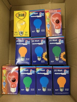 Glühbirnen E27 bunt 10 Stück 25W/15W farblich gemischt für Partyketten, dimmbar