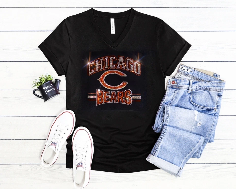 New Chicago Bears Rhinestone Relaxed fit Womens Sizing VNeck T-shirt S - 4X - Image 2 of 3