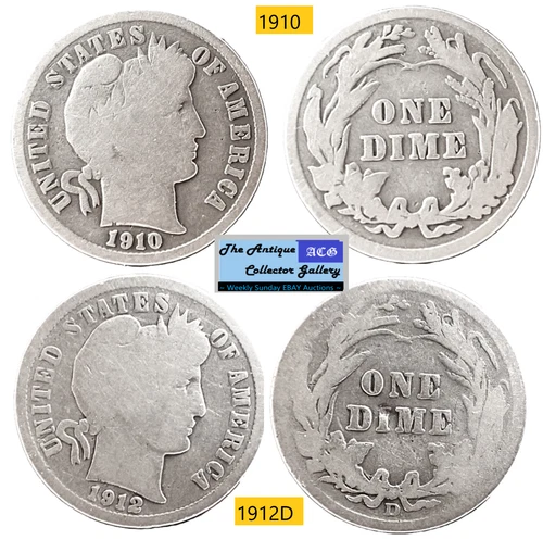 1910 1912D⌛US Mint Silver Barber Dimes🪙Antique🪙2 Coins