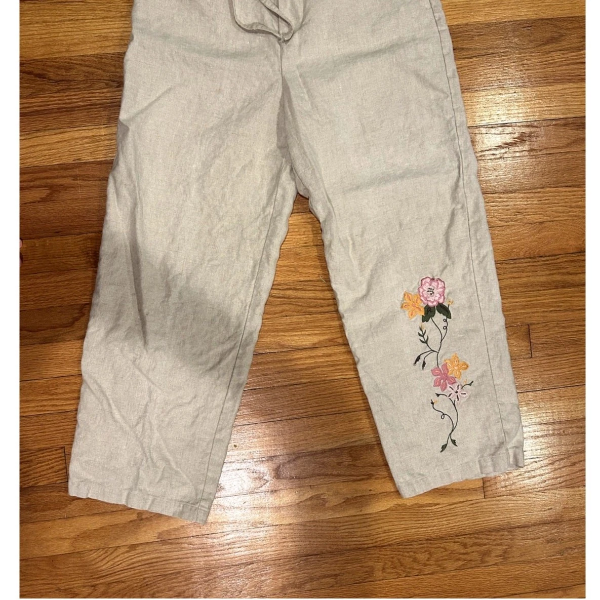 Tan 100% Linen Drawstring Embroidered Flower Women's Size Large Petite Pant