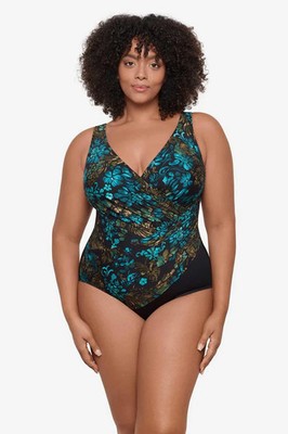 Miraclesuit Womens Black Flor De Mar Oceanus V-Neck One-Piece Swimsuit Size 22W