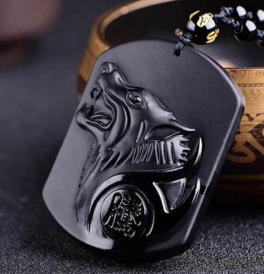 Jade statue Amulet Necklace Black Obsidian Carving New Wolf Head Pendant
