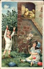 Easter Children Play Chicks Embossed Tuck c1900s-10s Postcard