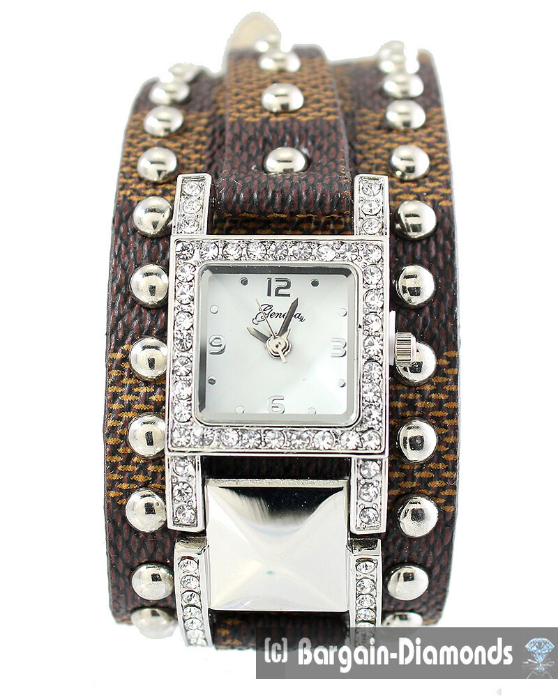 Ladies Silver CZ Watch MOP Dial Dark Brown Studded Strap for  display picture 1