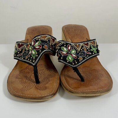 REBELS Beaded Open Toe Flip Flop Bamboo Wedge Block Sandals Size 7 Boho Slip On