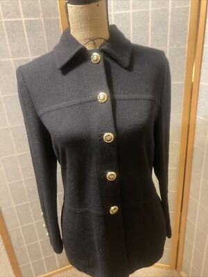 St John BASICS Black Cardigan Jacket Gold Trim Button Front Sz 2 Excellent!