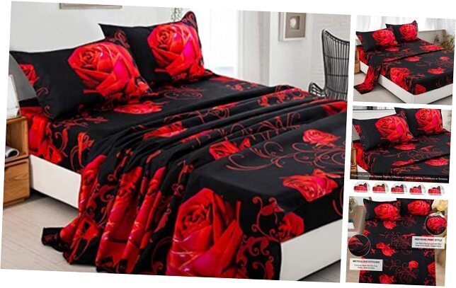 Bed Sheet Set, 4Pcs Rose Microfiber Bedding, Deep Pocket, All Queen Red