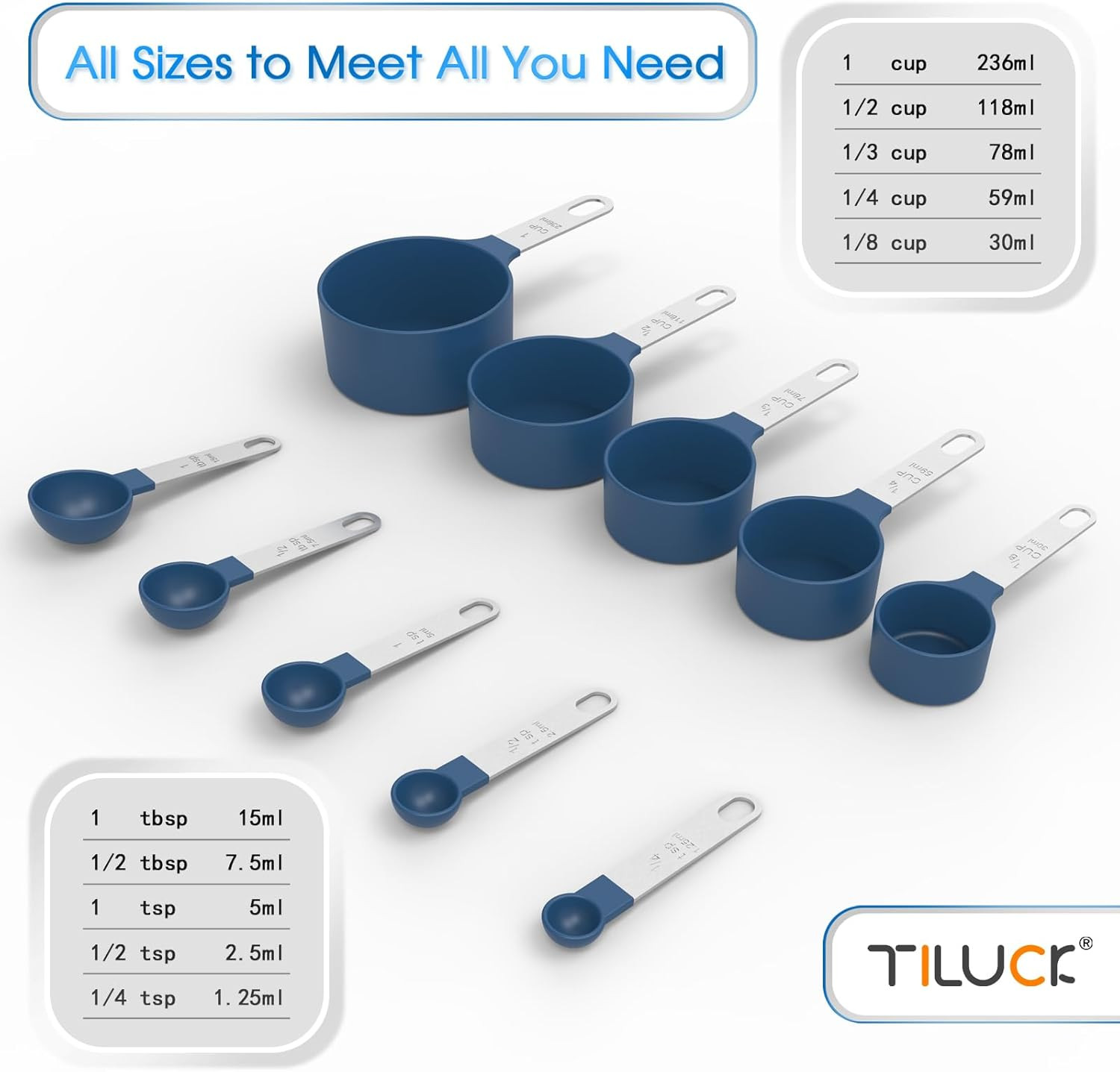 Measuring Cups & Spoons Set Stackable Nesting Stainless Steel Handle Blue