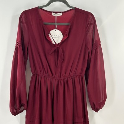 Rusttydustty Burgundy Boho Tiered Midi Dress Long Sheer Sleeve Wine Red Small