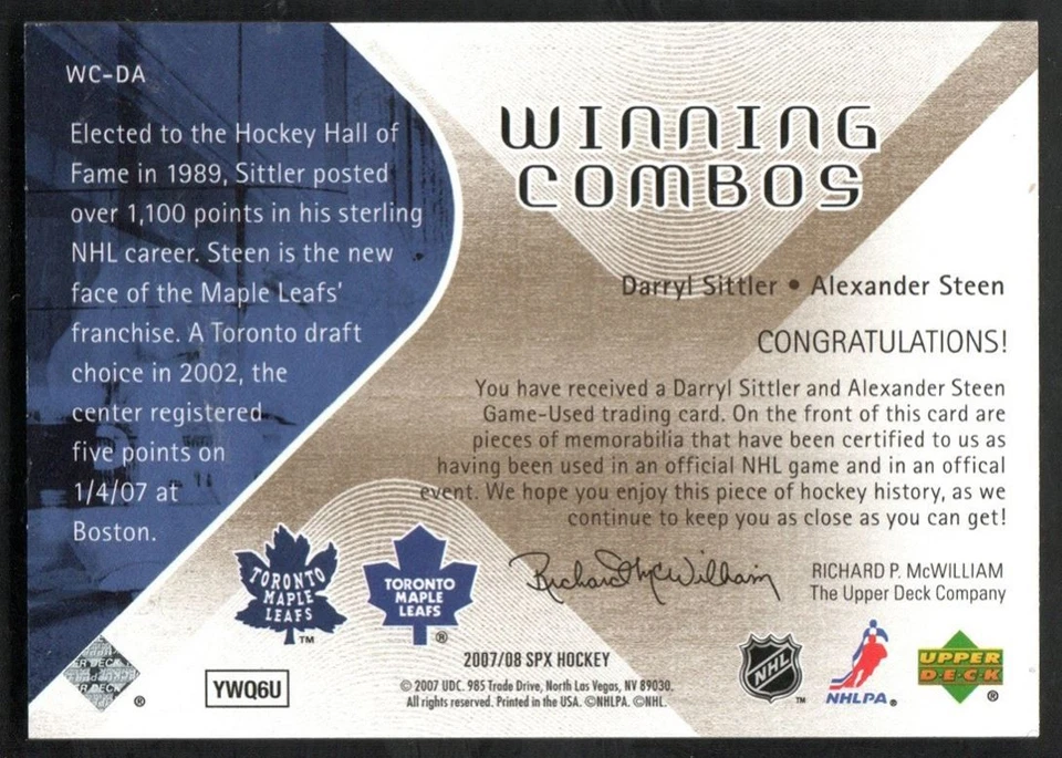 2007-08 SPx Winning Combos Darryl Sittler/Alexander Steen Jersey #WC-DA Toronto - Image 2 of 2