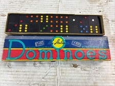 Vintage Dominoes With Colored Dots Halsam Set Of 28 With Original Box