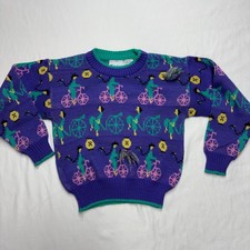 Vintage McKids Bicycle Novelty Knit Sweater Size M 5-6 Purple 80s 90s Fringe