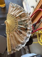 Vintage Lace Fabric Hand Fan Painted Floral Design Beige Multi-Color Plastic