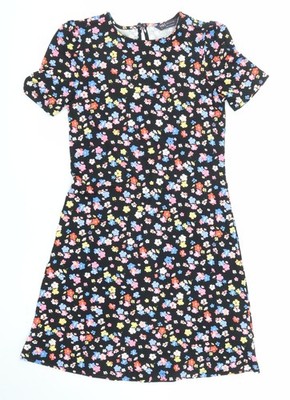 Marks and Spencer Damen Schwarz Blumenmuster Viskose Etuikleid Größe 6 Rundhals Knopf