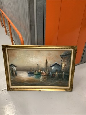 Florence Wilkins Original Oil Painting On Canvas Boat Harbor W42 H30in Framed