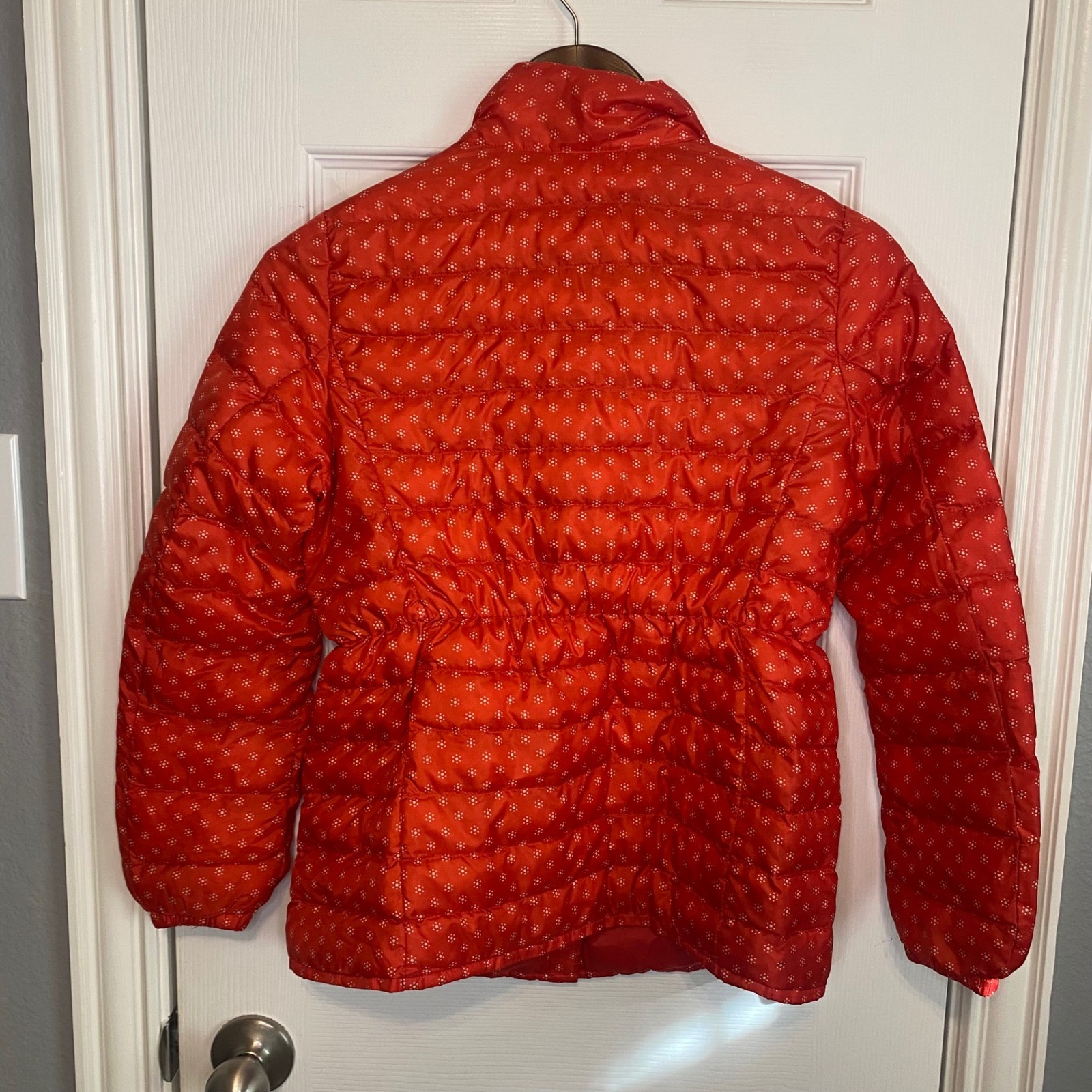 Uniqlo Kids Puffer Jacket Orange White Polka Dot Lightweight Zip Front Size 11 thumbnail 2