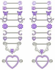 9 Pairs Nipple Rings Stainless Steel Heart Butterfly Moon Flower CZ Barbell T...