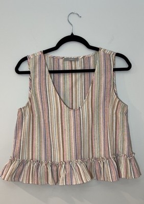TART Multicolor Woven Stripe Ruffle Hem Cotton Linen Sleeveless Summer Tank Top