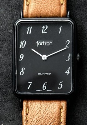 Vtg New 1984 FORTRON Tank Slim (5mm) Men s 36mm Swiss Quartz Watch Black Tan