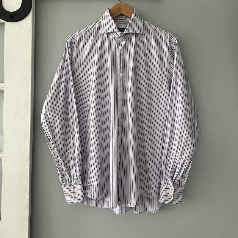 Hugo Boss Shirt Men’s L 16 1/2 34/35 Purple Button Up Long Sleeve Striped Cotton