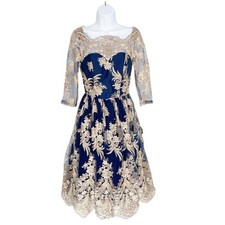 ChiChi London Metallic Formal Midi Dress Navy Gold Embroidered Lace US 2