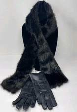 Black Fur Pull-Through Scarf & Black Vinyl Gloves Size Small