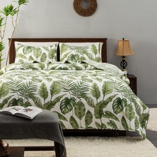 Tropical Plants Quilt Set Queen Size 3 Pieces, Green Palm Leaves Rainforest S...