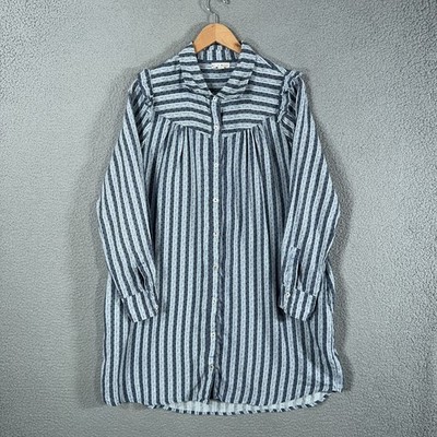 Roller Rabbit Linen Dress Womens Large Blue Stripe Button up Boho Tunic Shirt