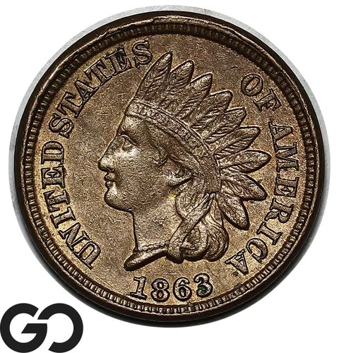 1863 Indian Head Cent Penny, Choice Uncirculated+