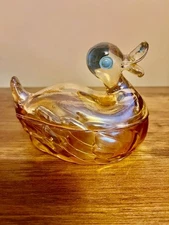 Marigold Jeanette Carnival Glass Open Billed Duck Covered Dish, Candy, Trinket