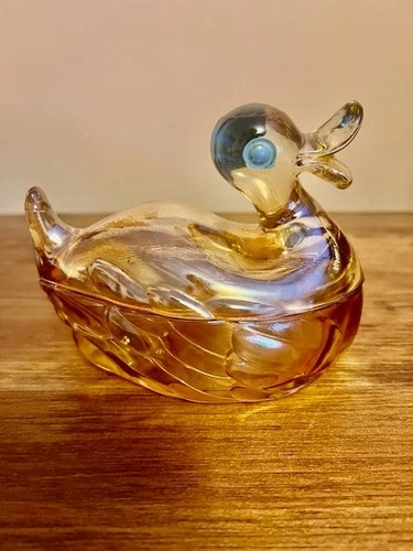 Marigold Jeanette Carnival Glass Open Billed Duck Covered Dish, Candy, Trinket