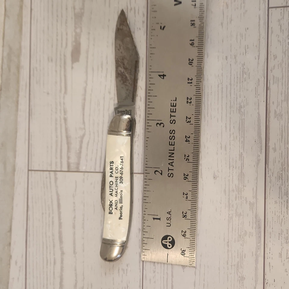 Cuchillo Plegable Vintage Imperial Prov RI USA 2 Hojas "BORK AUTO PARTS" Peoria, IL Foto 2 de 4