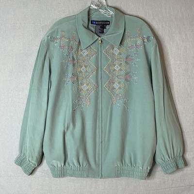 IB Diffusion Womens Jacket Size 10 Mint Green Embroidered Beaded Full Zip - FLAW