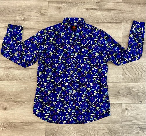 Simon Banks Long Sleeve Button Up Skull, Bats, & Witch Hat all Over Print.