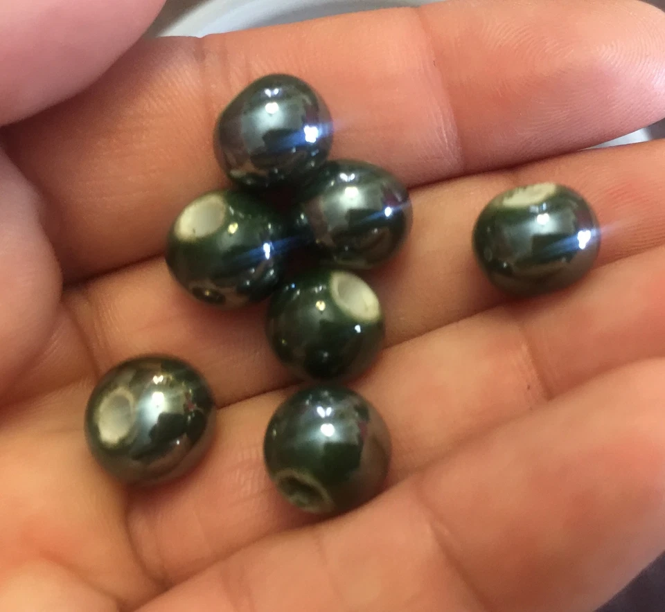 Lote de cuentas Rondell de cerámica esmaltada con brillo de pavo real verde profundo asiático genuino vintage Foto 2 de 4