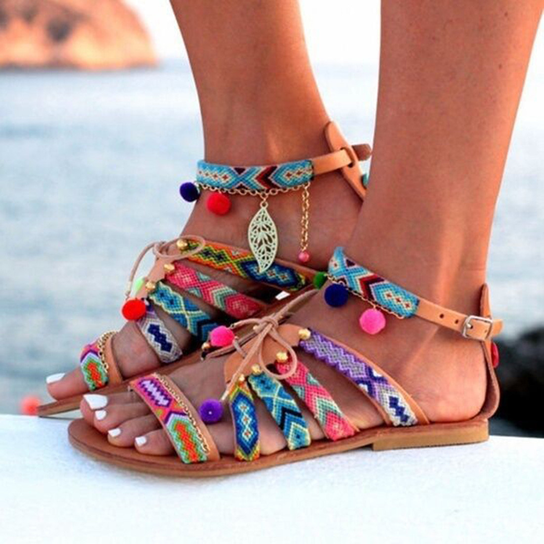 boho pom pom sandals