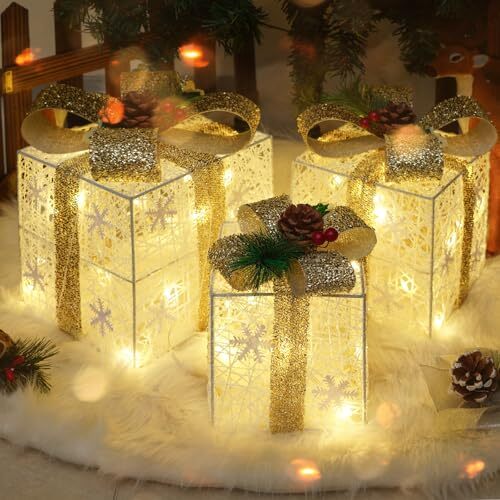 Set of 3 Christmas Lighted Gift Boxes, 60 LED Light Up Snowflake Square