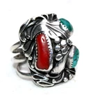 Large VTG Navajo Ring .925 Silver Turquoise & Coral Artist Signed A.A. C.80's