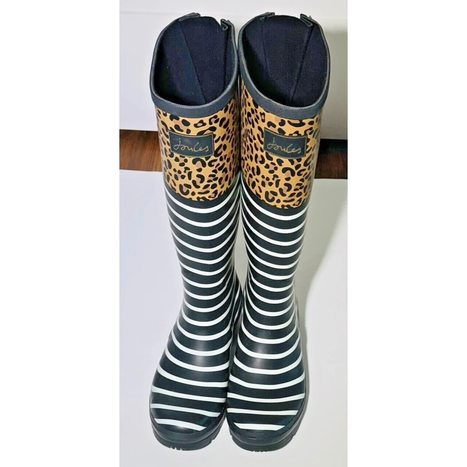 BOTAS DE LLUVIA JOULES ALTAS MUJER TALLA 11 B/N RAYAS CON ESTAMPADO GUEPARDO Foto 2 de 4
