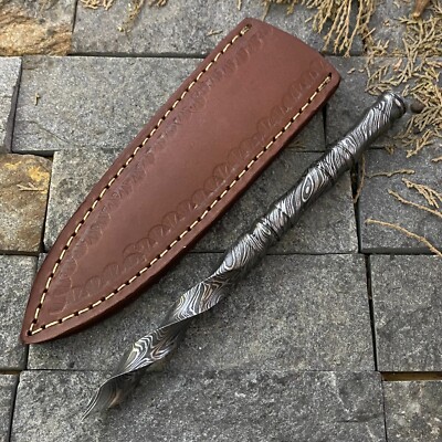 SHARD Custom Hand-Forged Damascus Steel Boot Tri-Kris Dagger with Leather Sheath