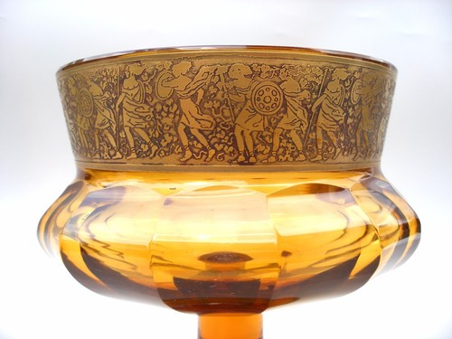 Antique 1920-30 Art Deco Czech Moser Glass Bowl Tazza Caramel Brown Warriors - Picture 3 of 9