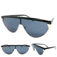 Classy Elegant Contemporary Modern Shield Style SUN GLASSES Black & Gold Frame