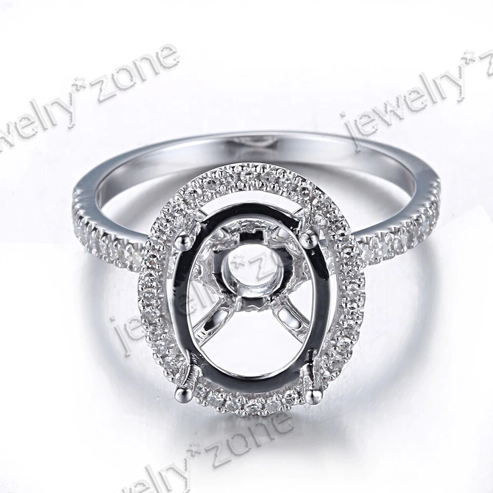 Solid 10k White Gold Natural Diamond Ring 10x8mm Oval Cut Semi Mount Setting Foto 2 de 4