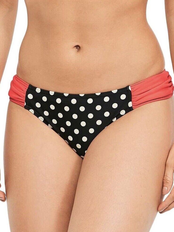 Figleaves Tuscany Bikini Brief Size 8 Black Red Spot Ruched Swimwear Bottom New