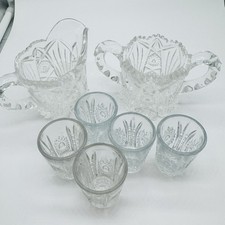 VTG Pressed Glass Toy Lemonade Set - Pitcher Bowl 6 Cups - Starburst Partern